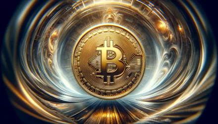 A striking HD wallpaper featuring a glowing bitcoin coin at the center, surrounded by dynamic swirling patterns that highlight its digital allure and prominence in cryptocurrency.