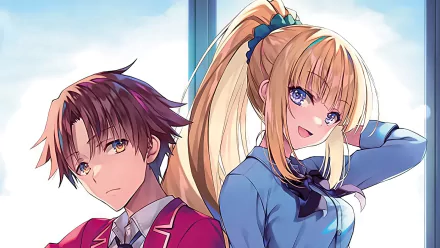 HD wallpaper featuring Kiyotaka Ayanokōji and Kei Karuizawa from Classroom of the Elite anime series.