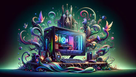HD desktop wallpaper featuring a vibrant, artistic gaming PC setup with whimsical, colorful fantasy elements surrounding it.