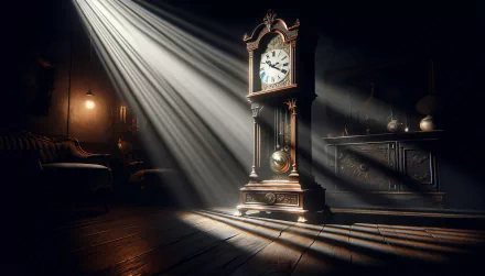 A beautifully crafted grandfather clock stands in a dimly lit room, illuminated by dramatic rays of light, creating an inviting atmosphere for a HD desktop wallpaper and background.