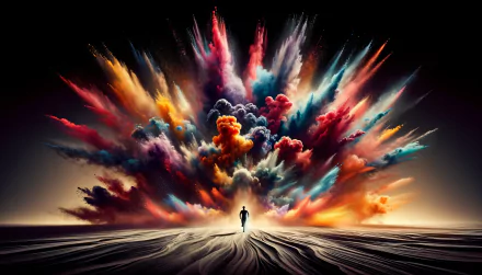 HD wallpaper of a silhouetted person witnessing an explosive display of colorful clouds in a dramatic sky, conveying a sense of wonder and inspiration.