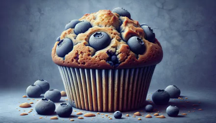HD desktop wallpaper of a blueberry muffin surrounded by scattered blueberries on a textured background.