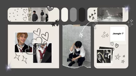 HD PC desktop wallpaper featuring Stray Kids members in a neutral-toned collage with hearts, stars, and artistic doodles.
