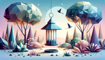 A vibrant bird feeder surrounded by low-poly trees and lush plants, set against a serene, pastel background, creating a captivating HD desktop wallpaper.