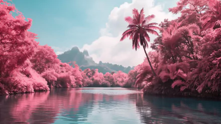 HD desktop wallpaper featuring a serene landscape with pink foliage, a tranquil river, and mountains under a soft blue sky, embodying a pink aesthetic.