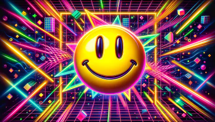 HD desktop wallpaper featuring a vibrant yellow smiley face with a retro neon grid and colorful abstract shapes in the background.