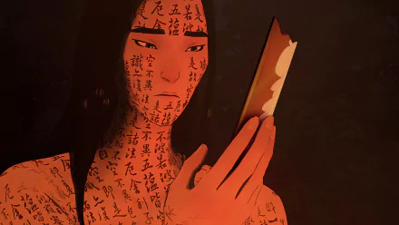 Anime illustration of a blue-eyed samurai with characters written on the skin, contemplating a torn paper, set against a dark background - HD desktop wallpaper.