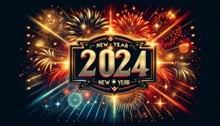 HD desktop wallpaper of New Year 2024 celebration with vibrant fireworks display.