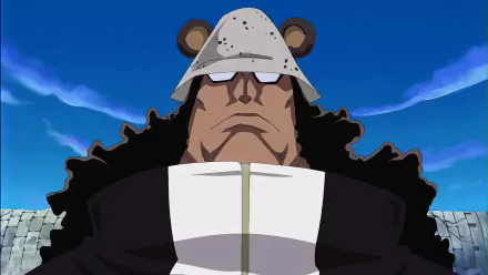 High-definition wallpaper featuring Bartholomew Kuma, a character from the anime One Piece, standing confidently against a sunny blue sky.