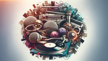 HD Hip Hop-themed desktop wallpaper featuring a turntable, microphones, and music equipment.