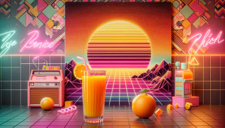 HD desktop wallpaper featuring a vibrant retro-themed design with a glass of orange juice, fresh orange, and neon aesthetics.