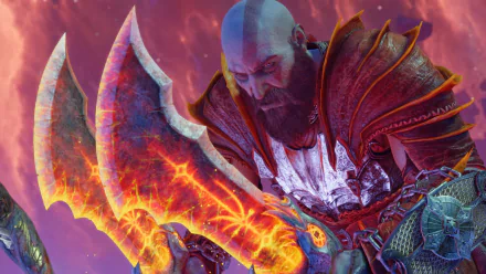 A fierce Kratos from God of War: Ragnarök grips his blazing weapon, set against a vibrant backdrop, showcasing the intensity of this iconic video game.