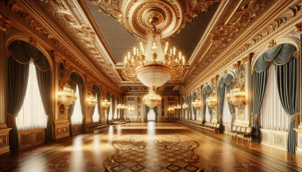 A stunning HD wallpaper featuring an opulent ballroom, adorned with intricate architecture, grand chandeliers, and elegant drapes, creating a luxurious atmosphere.