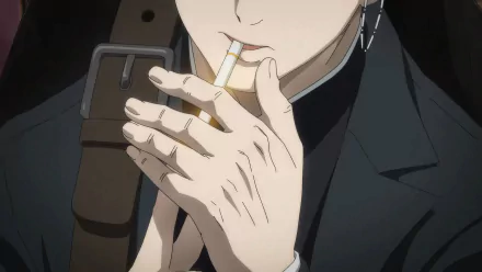 HD anime wallpaper featuring a close-up of a character from The Witch and the Beast lighting a cigarette, with a dark background.