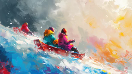 A vibrant HD desktop wallpaper featuring three figures sledding down a snowy slope, surrounded by a dramatic, colorful sky that captures the excitement of winter sports.