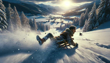 Person sledding down a snowy hill at sunset, HD wallpaper with winter landscape background.