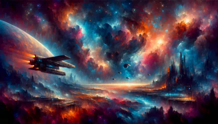 HD desktop wallpaper featuring a vibrant space opera scene with a spaceship and cosmic cityscape under a starry sky.