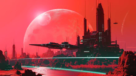 Sci-fi themed HD desktop wallpaper featuring a futuristic cityscape with a large moon, flying spacecraft, and a vivid red palette.
