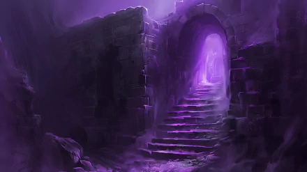 A mystical fantasy ruin features a winding staircase leading to a glowing archway, enveloped in vibrant purple hues, creating a captivating HD desktop wallpaper.
