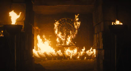 HD wallpaper of a fiery scene from The First Omen with flames surrounding a mystical symbol for desktop background.