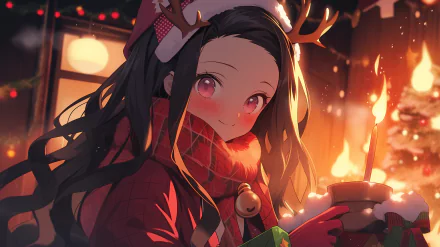 HD wallpaper of Nezuko Kamado from Demon Slayer: Kimetsu no Yaiba in a festive Christmas setting, with glowing lights and warm holiday ambiance.
