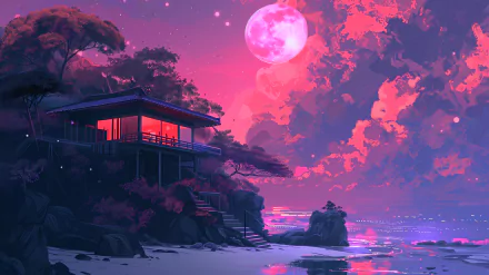 Dream home aesthetic HD wallpaper featuring a tranquil house overlooking a sparkling sea under a luminous pink moon amid a surreal pink and purple sky.