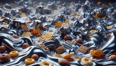 A dynamic HD desktop wallpaper featuring a surreal landscape of cereal pieces swirled in shiny, flowing metallic textures.