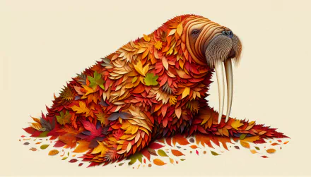 HD desktop wallpaper featuring an artistic representation of a walrus made of autumn leaves.