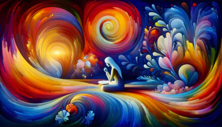 Colorful HD wallpaper depicting a silhouette in prayer amidst vibrant, swirling patterns and floral designs.