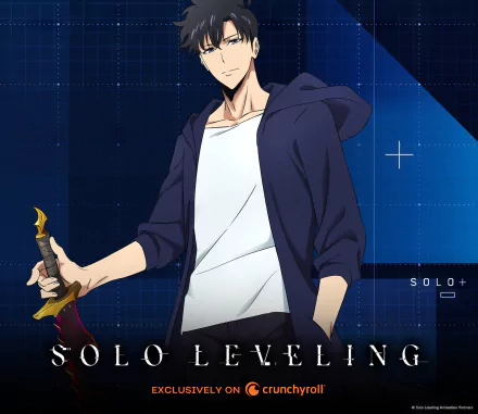 HD desktop wallpaper featuring Sung Jin-Woo from Solo Leveling anime, poised with a dagger in hand against a stylized blue background.