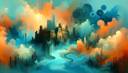 A stunning HD wallpaper depicting an enchanting Atlantis-inspired landscape, featuring vibrant colors, ethereal clouds, and a serene river amidst ancient ruins.