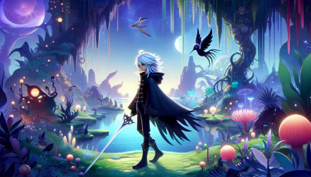 A vibrant HD desktop wallpaper featuring Sephiroth from Final Fantasy, standing in a mystical landscape filled with flora and fauna, illuminated by surreal colors and lighting.