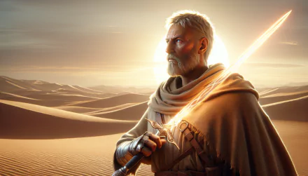 High-definition desktop wallpaper featuring a character with a lightsaber standing in a desert at sunset.