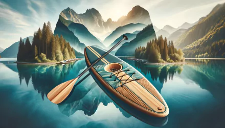 A serene landscape featuring a paddle board with a paddle, surrounded by majestic mountains and calm waters, creating a stunning HD desktop wallpaper and background.