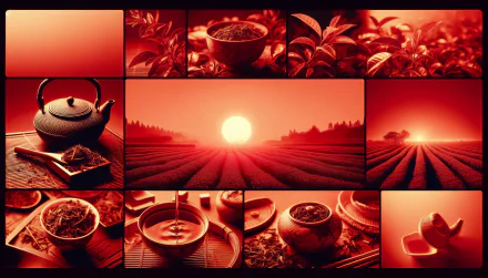 HD desktop wallpaper featuring a collage of themed tea images, including tea leaves, a traditional teapot, a cup of tea, and a serene tea plantation at sunset, all in a warm, monochromatic red tone.