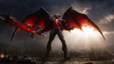 Aatrox from League of Legends standing triumphantly with wings outstretched in a HD desktop wallpaper.