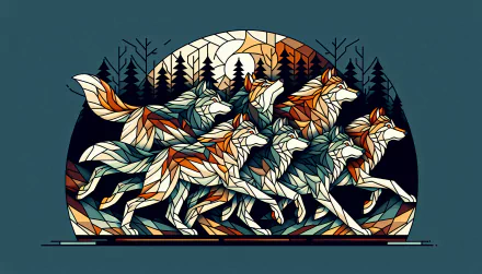 HD wallpaper featuring an artistic illustration of a wolf pack running with a forest and moon backdrop.