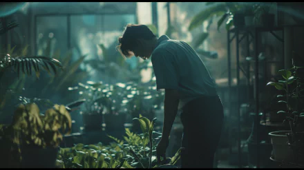 A person tending to greenery in a serene greenhouse, with sunlight illuminating the lush plants, creating a calming atmosphere. A perfect HD desktop wallpaper for gardening enthusiasts.