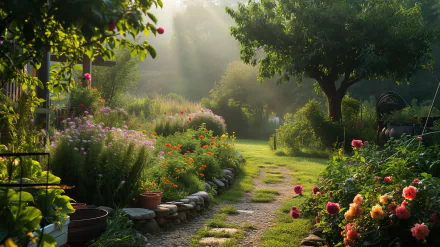 HD desktop wallpaper featuring a serene flower garden path with vibrant blooms and lush greenery, bathed in soft sunlight.