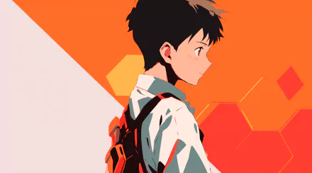 Anime HD desktop wallpaper of Shinji Ikari from Neon Genesis Evangelion with a vibrant orange background.