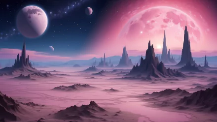 HD PC desktop wallpaper of an alien planet landscape featuring towering rock formations under a vibrant sky with multiple moons and distant stars in space.
