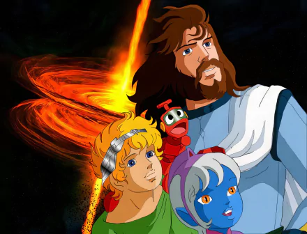 HD desktop wallpaper featuring characters from the anime Ulysses 31 with a cosmic backdrop