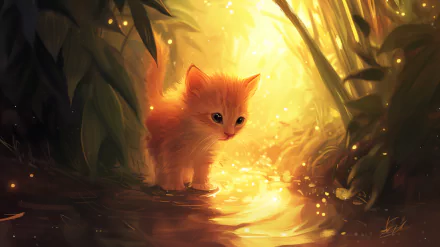 Cute orange kitten in magical forest light, HD desktop wallpaper and background.