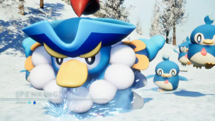 HD desktop wallpaper from the video game Palworld, featuring a character resembling a penguin with a hat in a snowy landscape.