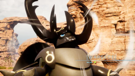 A close-up of a character from the video game Palworld, featuring a formidable creature with large antlers, set against a rocky desert landscape in high definition.