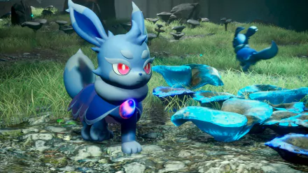 HD desktop wallpaper featuring a creature from the video game Palworld in a natural environment with vibrant blue flora.