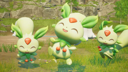 High-definition desktop wallpaper featuring cute creatures from the video game Palworld.