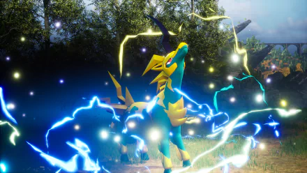 HD wallpaper of a dynamic scene from Palworld video game featuring a creature with electric powers in a vibrant forest environment.