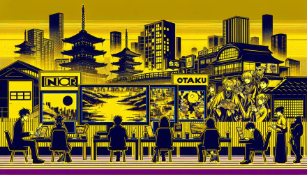 Anime-themed otaku HD desktop wallpaper featuring a vibrant cityscape and character silhouettes in yellow and black tones.