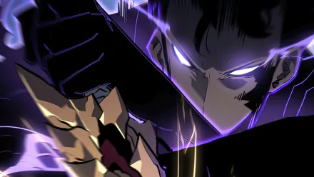 Sung Jin-Woo from Solo Leveling stares intensely, wielding a weapon amidst dark, electrifying energy in this dynamic HD anime wallpaper.